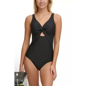 DKNY Peekaboo Twist-Detail Low-Back One-Piece Swimsuit Black Size 14 NWT $108
